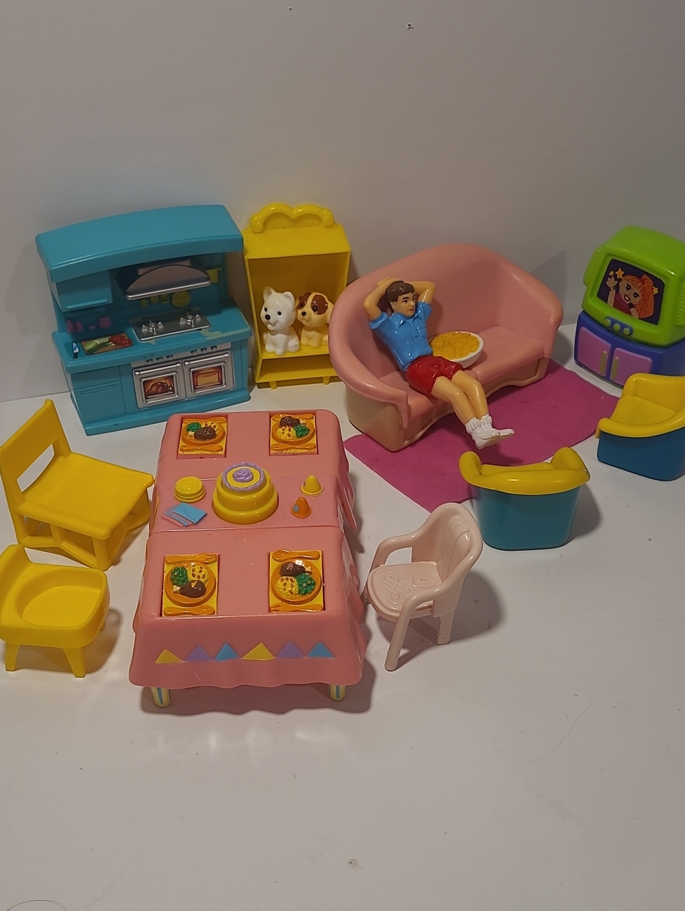 Mattel Pink, Yellow & Blue Dollhouse Dining & Living Playset